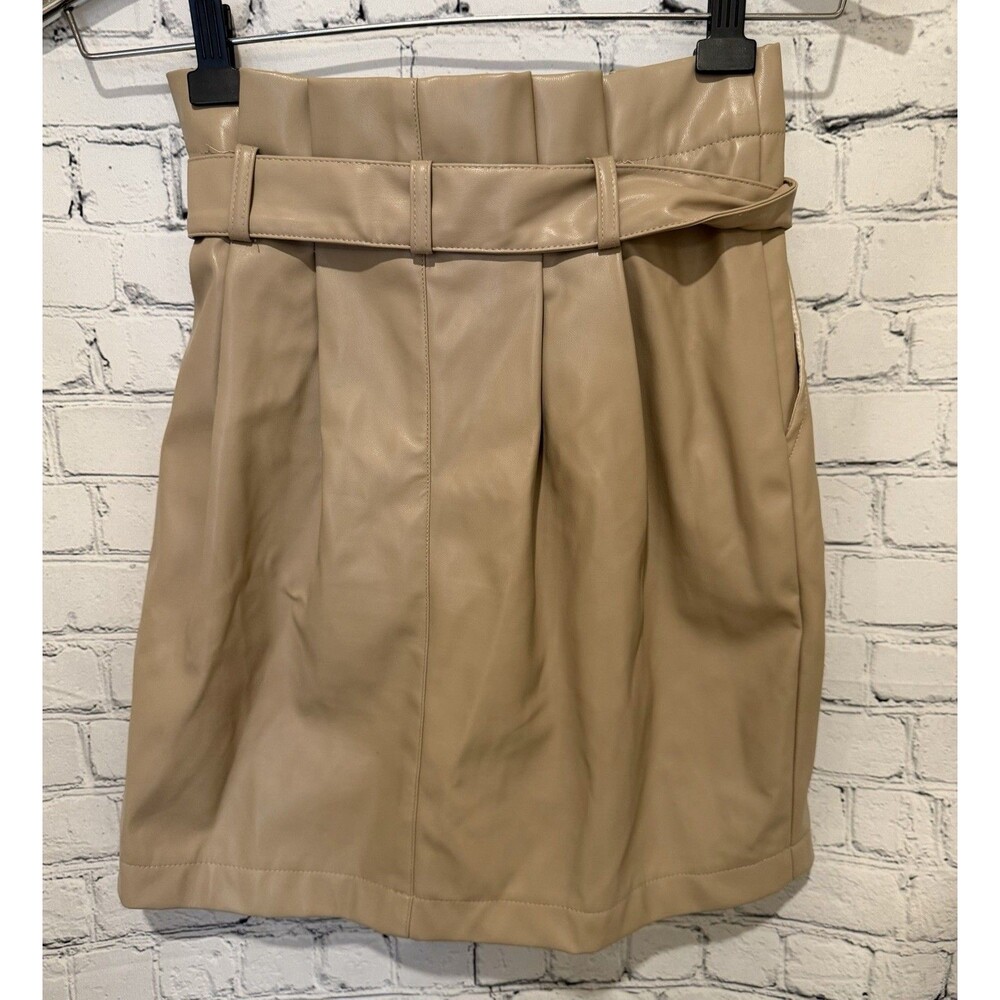 Kendall Kylie Mini Skirt Tan Faux Leather Paperbag Indie Luxury Size Small - Picture 2 of 4